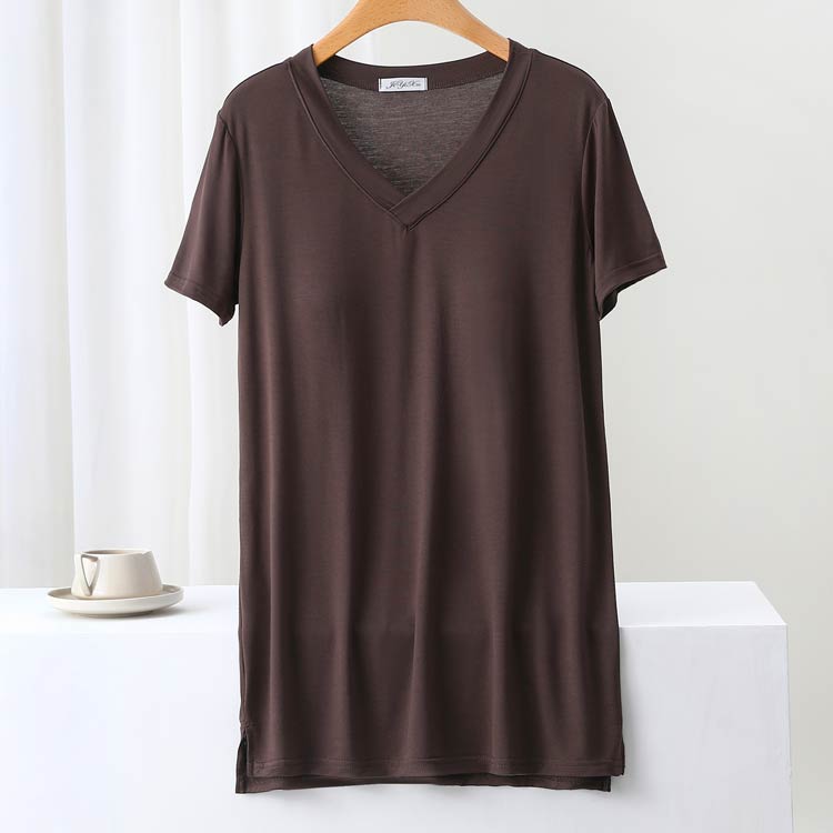 GlobalTime 楽天市場店のTシャツ ルームウェア チュニック カップ付付き カップ付付き カップ付きワンピース インナー パジャマ スリット 部屋着 体型カバー Vネック 部屋着 モダール ナイトウエア ブラトップワンピース｜アングル3