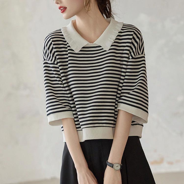 襟付き カットソー ブラウス トップス 半袖 7分袖 襟付きカットソー ボーダー柄 Tシャツ オーバーサイズ 体型カバー オフィス 仕事着 カジュアル tシャツ 春 夏 秋 20代 30代 40代 トップス レディースファッション global-time-10008227 GlobalTime 楽天市場店 サンプル画像2