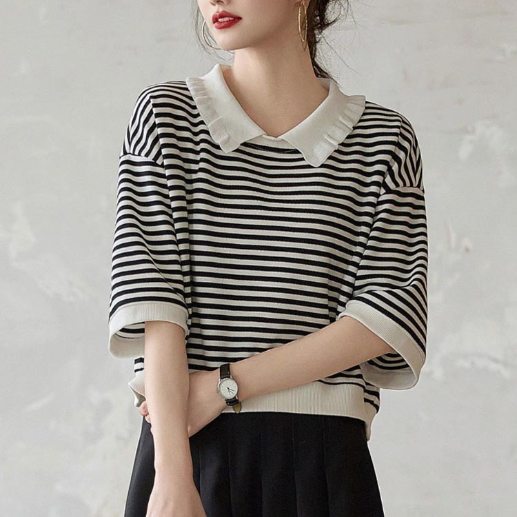 襟付き カットソー ブラウス トップス 半袖 7分袖 襟付きカットソー ボーダー柄 Tシャツ オーバーサイズ 体型カバー オフィス 仕事着 カジュアル tシャツ 春 夏 秋 20代 30代 40代 トップス レディースファッション global-time-10008227 GlobalTime 楽天市場店 サンプル画像3