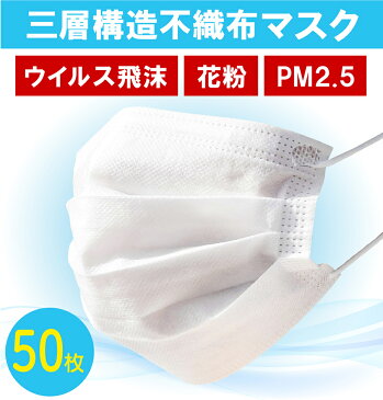 【送料無料/国内検品】使い捨て不織布マスク 50枚入り 大人用 ウィルス対策 ますく ウイルス 防塵 花粉 PM2.5 飛沫感染対策 インフルエンザ 風邪 日本国内発送 ☆ご注文から1営業日で出荷 ☆ポスト投函のため日時指定不可
