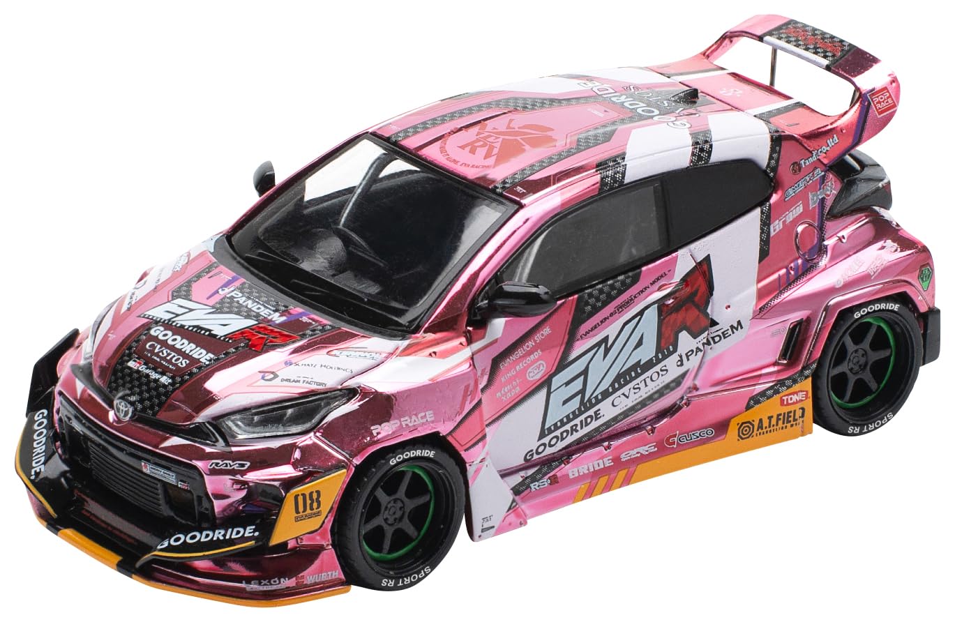 POP RACE 1/64スケールミニカー。 ダイキャストモデル。 ドリフトサーキットで注目を集める「エヴァRT GRヤリス」シリーズに、「1/64 EVA RT PRODUCTION MODEL CUSTOM TYPE-08 GOODRIDE GR YARIS」が登場!