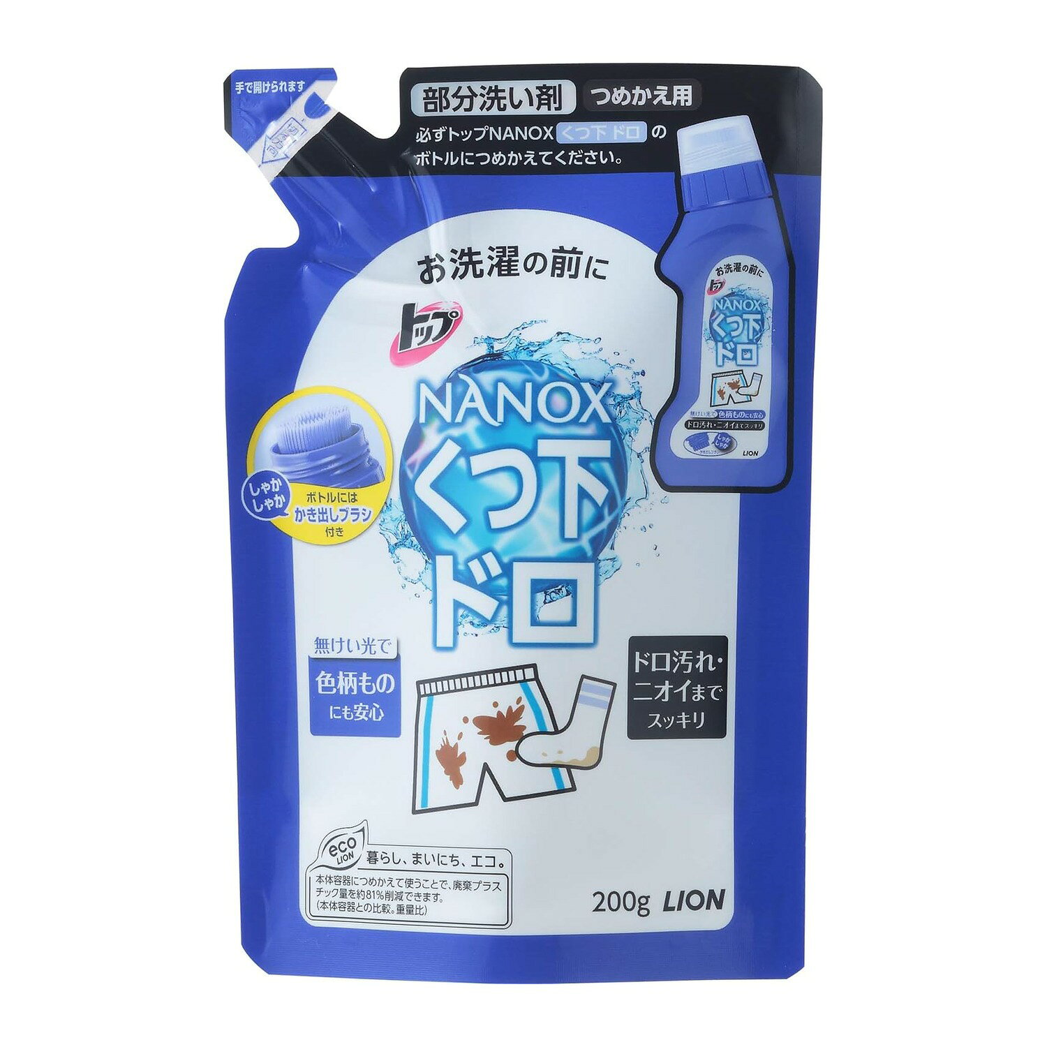 NANOX ドロ用 つめかえ用 200g（トップ プレケア ドロ用）です。靴下などのドロ汚れに最適な衣類の部分洗い剤です。洗濯機で洗う前にドロ汚れに直接塗り、あとは洗濯機におまかせで汚れを落とします。せっけん成分とキレート成分が繊維に付着したドロ汚れの粒子を浮かせて落とします。上履きや運動靴は本品で洗浄後、充分にすすいで干してください。つめかえ用200gです。■ 商品仕様商品区分雑貨（衣料用部分洗い剤）内容量200g（つめかえ用）旧品名トップ プレケア ドロ用メーカーライオン株式会社JANコード4903301784319セット内容1個■ ご使用上の注意乳幼児や認知症の方の手の届かない場所に保管してください。用途外の使用は避けてください。使用後は手を水で洗ってください。荒れ性の方は炊事用手袋を使用してください。原液が洗濯機や床に付着した場合は速やかに水で拭き取ってください。※仕様・パッケージはメーカーの都合により予告なく変更される場合があります。※お客様都合による返品はお受けできません。NANOX ドロ用 つめかえ用 200g（トップ プレケア ドロ用）です。靴下などのドロ汚れに最適な衣類の部分洗い剤です。洗濯機で洗う前にドロ汚れに直接塗り、あとは洗濯機におまかせで汚れを落とします。せっけん成分とキレート成分が繊維に付着したドロ汚れの粒子を浮かせて落とします。上履きや運動靴は本品で洗浄後、充分にすすいで干してください。つめかえ用200gです。■ 商品仕様商品区分雑貨（衣料用部分洗い剤）内容量200g（つめかえ用）旧品名トップ プレケア ドロ用メーカーライオン株式会社JANコード4903301784319セット内容1個■ ご使用上の注意乳幼児や認知症の方の手の届かない場所に保管してください。用途外の使用は避けてください。使用後は手を水で洗ってください。荒れ性の方は炊事用手袋を使用してください。原液が洗濯機や床に付着した場合は速やかに水で拭き取ってください。※仕様・パッケージはメーカーの都合により予告なく変更される場合があります。※お客様都合による返品はお受けできません。