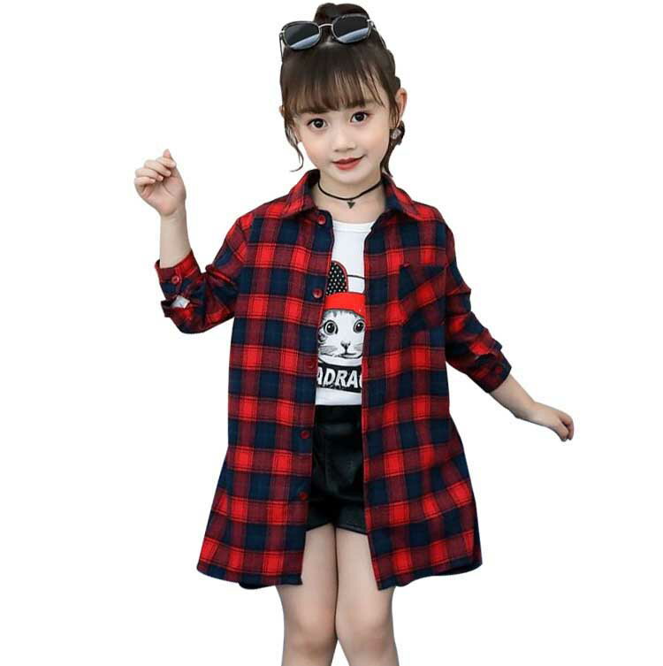 在庫限り！【送料無料】長袖 ロングシャツ キッズ ガールズ 子供服 女の子 トップス チェック柄 ブロックチェック 可愛い お出かけ おしゃれ カジュアル 110 120 130 140 150 160 kids03085のサムネイル