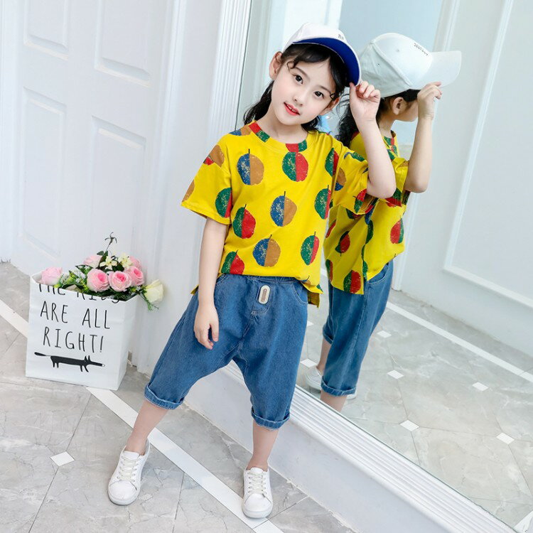 【送料無料】 子供服 女の子 Tシャツ 7分丈 デニム サルエルトパンツ 上下2点セット ガールズ ジュニア ポップ カジュアル 可愛い kids000100100103