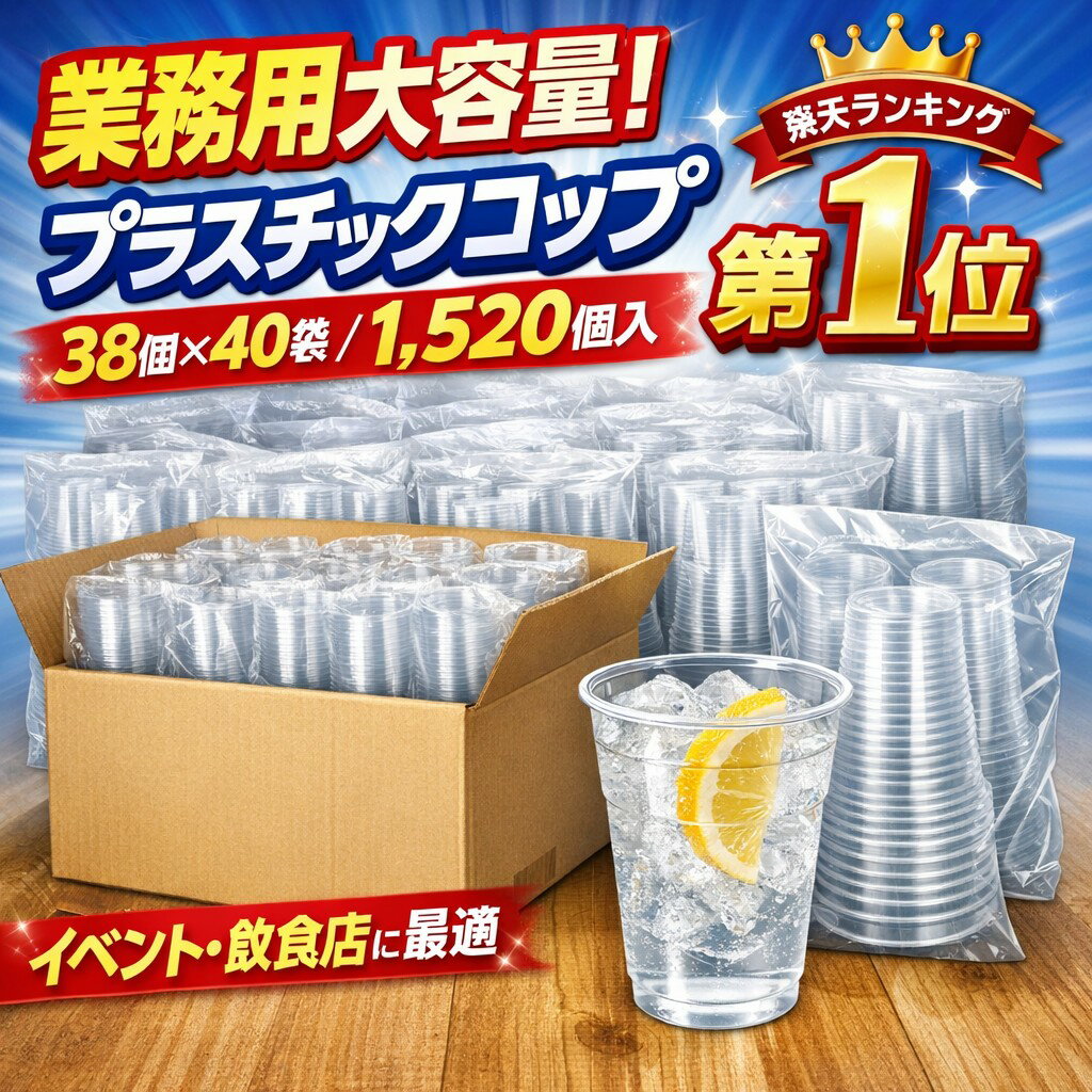 乐天商城 - プラスチックコップ 1520個 1ケース 業務用 透明 使い捨てコップ 38個入×40袋 大容量 イベント 飲食店 テイクアウト 試飲会 アウトドア クリアカップ
