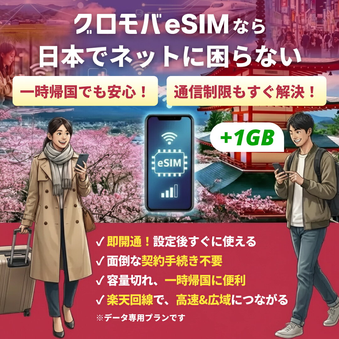 グロモバ eSIM・SIM・WiFi専門店の【Android専用】日本eSIM 楽天モバイル 【 1GB〜50GB 選べる！ 2日 8日 15日 30日 】 eSIM 日本国内 japan イーシム データ通信 留学 一時帰国 短期滞在 交換留学 旅行 出張 4G android｜アングル2