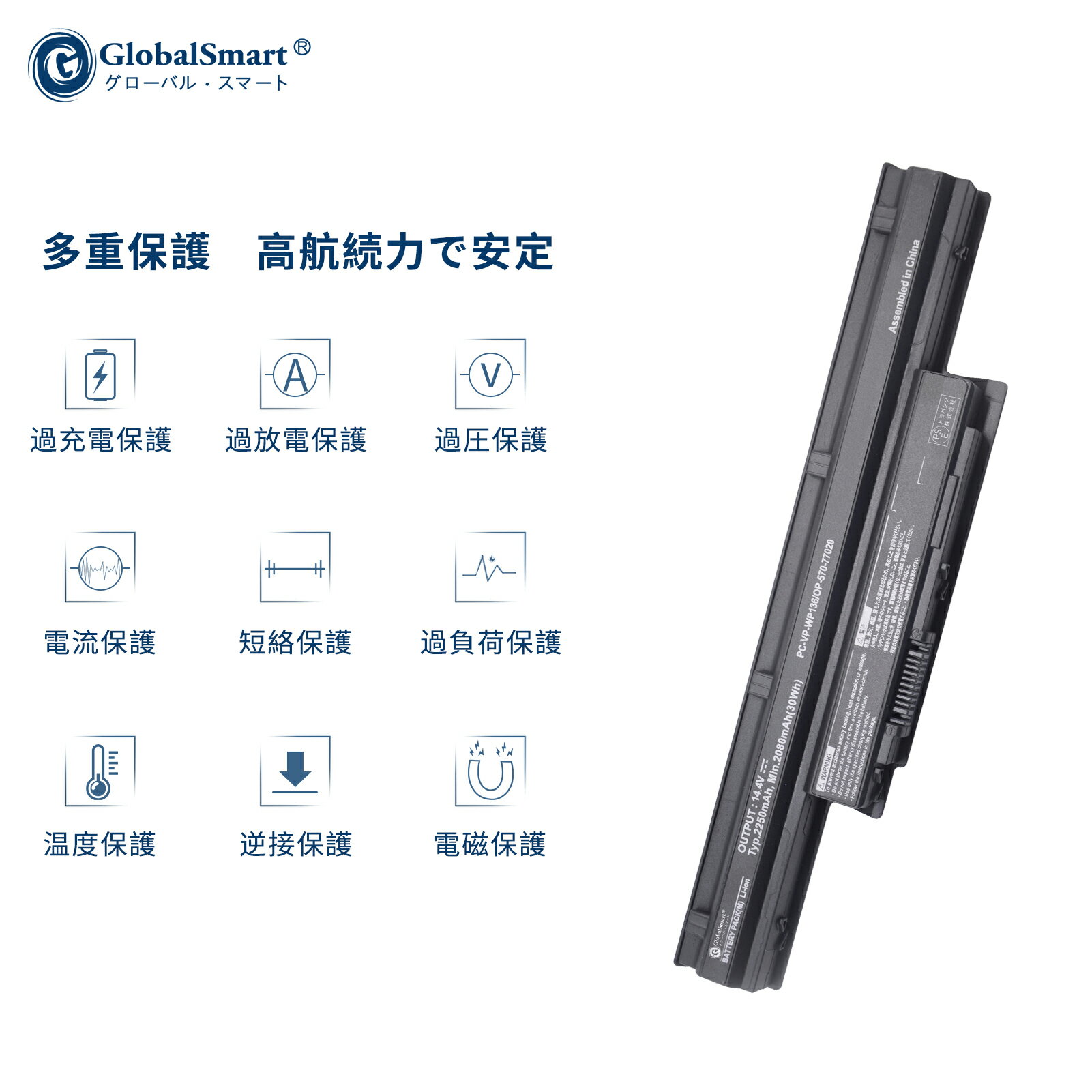 【1年保証】GlobalSmart 新品 NEC LaVie S PC-VP-WP136 交換バッテリー【14.4V 2250mAh】PC-GN227TTD2 対応用 WGY 高性能 PSE認証 互換バッテリー 3