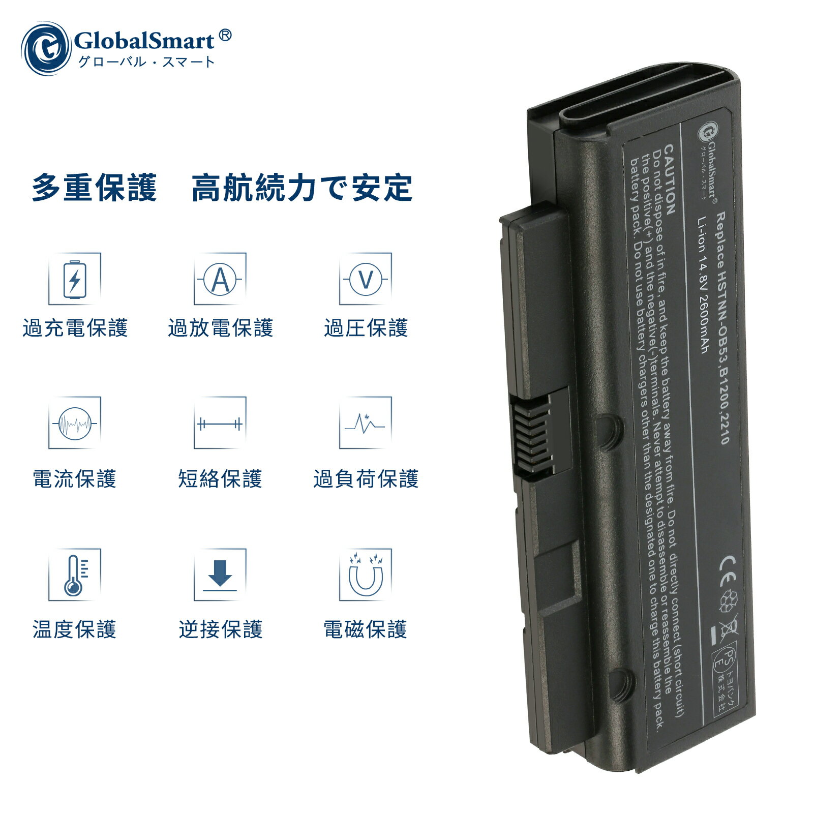 Globalsmart 新品 HP 454001-001 大容量互換バッテリパック【2600mAh 14.8V】対応用 1年保証 高性能 PSE認証 互換バッテリー 3