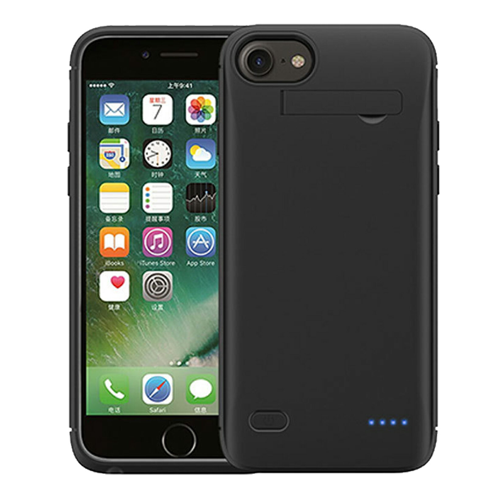 スマホスタンド付け iPhone 8 対応 薄型 設計 バッテリーケース 5200mAh シリコン ケース 耐衝撃 バッテリー内蔵ケース 充電ケース 急速充電 携帯充電器 旅行用 ブラック 保護ケース PSE認証済