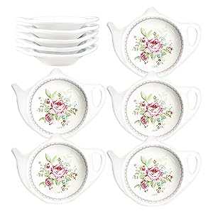 Linlins Set of White Porcelain Ceramic with Flower Trim Teapot-Shaped Tea Bag Holder Tea Bag Coa..