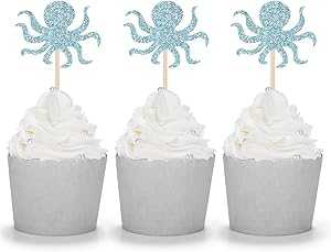 24å ֥롼 åץȥåѡ  ѡƥ ǥȥǥ졼ԥå LightAParty 24 CT Blue Octopus Cupcake Toppers Under the Sea Birthday Party Dessert Decoration Picks