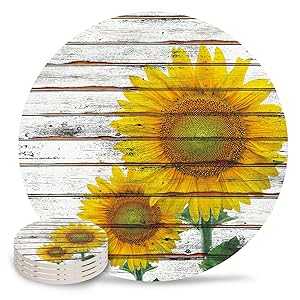 6枚セット ドリンク用セラミックコースター ひまわり 素朴な木製 ユニークな吸収性ラウンドセラミック ..
