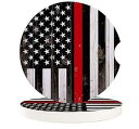 Vandarllin Car Drinks Coasters Set of 6 Pack American Thin Red Line USA Flag Absorbent Ceramic Stone Firefighters Coaster with A Finger Notch for Easy Removal from Auto Cupholder