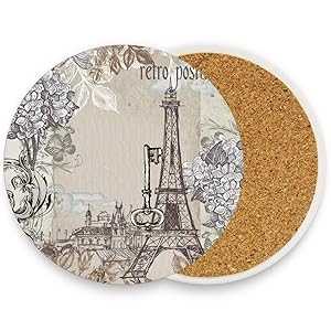 visesunny ヴィンテージ エッフェル塔 ドリンクコースター 吸湿性ストーンコースター コルクベース付き 卓上保護用 家具の損傷を防ぎます 2個 visesunny Vintage Eiffel Tower Drink Coaster Moisture Absorbing Stone Coasters with Cork Base for T(3)