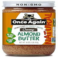 Once Again Natural Creamy Almond Butter, 16oz - Lightly Toasted - Salt Free, Unsweetened - Gluten Free Certified, Peanut Free, Vegan, Kosher, Paleo - Glass Jar Once Again Natural Creamy Almond Butter, 16oz - Lightly Toasted - Salt Free, Unsweetened - Gluten Free Certified, Peanut Free, Vegan, Kosher, Paleo - Glass Jar