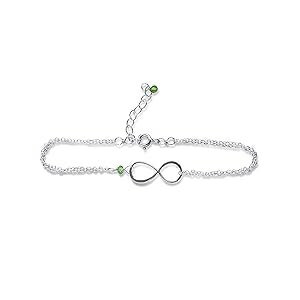 Rebecca Anne Handmade Silver Birthstone Infinity Charm Bracelet - Peridot, Sterling Silver - Handmade August Birthday Gift for Her
