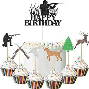 61ピース ハンティングケーキトッパーセット ハンティング誕生日シルエットケーキトッパー フォレストハンティングテーマ グリッターカップケーキトッパー 鹿 手作りカップケーキトッパー 誕生日パーティー ベビーシャワーケーキ装飾用 Jetec 61 Pieces Hunting