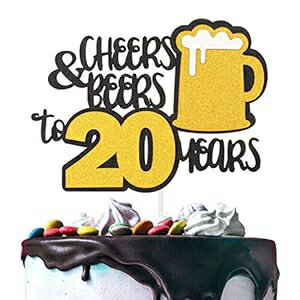 20歳の乾杯とビール ゴールドグリッターケーキトッパー ハッピーバースデー 記念日パーティーデコレーション - 7インチ x 8インチ 20歳の誕生日トッパー。 AZIWEI Cheers & Beers to 20 Years Gold Glitter Cake Topper Happy Birthday Anniversary