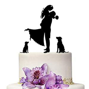 YAMI COCU ウエディングケーキトッパー 新郎新婦 2匹のペット犬付き 動物 ブラックカラー アクリルシルエット ウェディングパーティー婚約装飾 YAMI COCU Wedding Cake Toppers Bride and Groom With Two Pet Dogs Animal Black Color Acrylic Silh