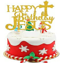 ハッピーバースデー イエス ケーキトッパー - クリスチャン クリスマス ゴールドグリッター ベツレヘム スター クロス ケーキ用品 - メリークリスマス - キリスト降誕シーン イエスの誕生日パーティーデコレーション Caiwowo Happy Birthday Jesus Cakeのサムネイル