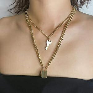 YERTTER Key with Lock Pendant Punk Layering Cable Chain Choker Necklac...