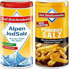 Salt "French Fries" with iodine and folic acid 90 g + Iodized Table Salt with Fluoride 125 g, Bad Reichenhaller / Germany Salt "French Fries" with iodine and folic acid 90 g + Iodized Table Salt with Fluoride 125 g, Bad Reichenhaller / Germany