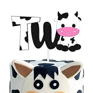 Cow Two バースデーケーキトッパー ハッピーバースデーケーキデコレーション カウファーム動物園 動物テーマ 2歳 2歳の誕生日パーティー用品 両面ブラックスパークルデコレーション YOYMARR Cow Two Birthday Cake Topper Happy Birthday Cake Decorations