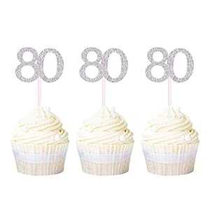 Ercadio Numbers 80 カップケーキトッパー シルバーグリッター 80 歳の誕生日カップケーキピック アニバーサリーパーティー ケーキデコレーション用品 24 個 Newqueen Ercadio Numbers 80 Cupcake Toppers Silver Glitter 80th Birthday Cupcake Picks