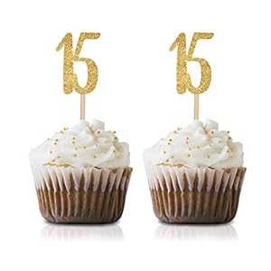 ゴールド Happy 15th Birthday カップケーキトッパー 24個パック 番号15 グリッター誕生日パーティーカップケーキトッパー デコレーション MAGJUCHE Gold Happy 15th Birthday Cupcake Topper, 24-Pack Number 15 Glitter Birthday Party Cupcake To