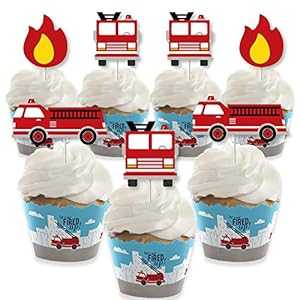 Big Dot of Happiness Fired Up Fire Truck - カップケーキデコレーション - 消防士消防車 ベビーシャワーや誕生日パーティー カップケーキラッパーとおやつピックキット - 24個セット Big Dot of Happiness Fired Up Fire Truck - Cupcake Decora