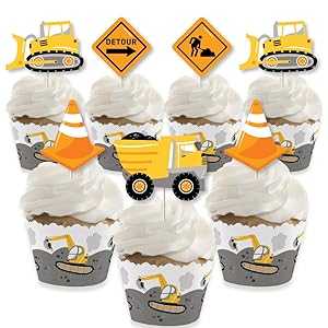 Big Dot of Happiness Dig It – 建設パーティーゾーン – カップケーキデコレーション – ベビーシャワーまたは誕生日パーティーカップケーキラッパーとトリートピックキット – 24個セット Big Dot of Happiness Dig It - Construction Party Zone