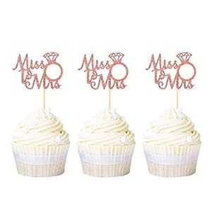 Ercadio 24 パック Miss to Mrs カップケーキトッパー ローズゴールドグリッター結婚指輪カップケーキピック ブライダルシャワー 記念日 婚約パーティー ケーキデコレーション用品 Ercadio 24 Pack Miss to Mrs Cupcake Toppers Rose Gold Glitter We