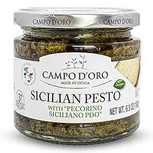 CAMPO D'ORO Basil Pesto with Pecorino, Sicilian Creamy Pesto Recipe. Net Wt 6.35oz (180g), Vegan Pesto, Pesto Paste, Fresh Basil Pesto, Gluten-Free. Product of Italy