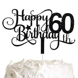 ブラックグリッター 60歳の誕生日ケーキトッパー、ハッピー60歳の誕生日ケーキトッパー、60歳の誕生日パーティーデコレーション ALPHA K Black Glitter 60th Birthday Cake Topper, Happy 60th Birthday Cake Topper, 60th Birthday Party Decorations