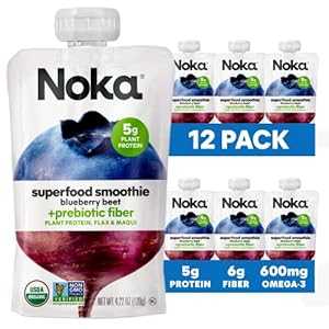 Noka Superfood Fruit Smoothie Pouches, Blueberry Beet, Healthy Snacks with Flax Seed, Plant Prot..