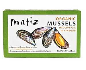 Matiz Espana オーガニックムール貝のエクストラバージンオリーブオイルとアップルサイダービネガー漬け (4オンス) スペイン、ガリシア海岸産 (4オンス (1パック)) Matiz Espana Organic Mussels in Extra Virgin Olive Oil and Apple Cider Vinega