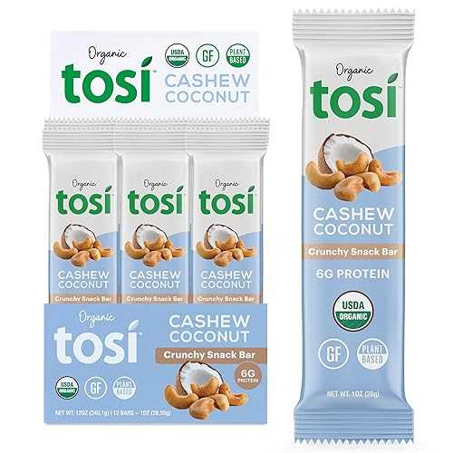 Tosi Cashew Coconut Protein Bars, Plant Based with Nuts, Gluten-Free Crunchy Snacks, Vegan, Organic, Flax & Chia Seeds, Soy-Free, Omega 3s, 6G Protein, 1 oz, 12-Pack