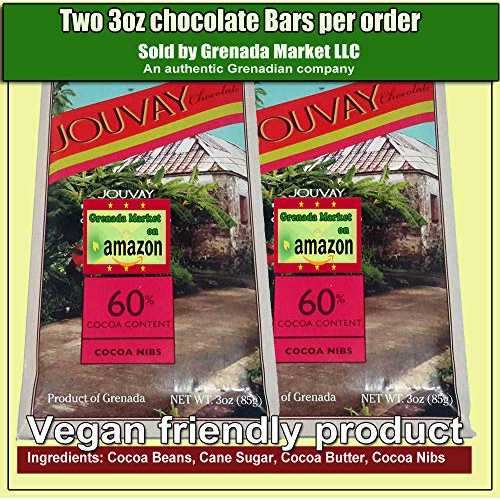 ココアニブを加えたジュヴェ チョコレート バー (カカオ含有量 60%) - 2 個 @ 3.5 オンス - グレナダ産..