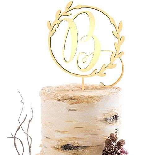 KISKISTONITE Initials B Cake Topper, Monogram Cake Topper B, Rustic Wedding Cake Topper, Wreath Letter B Cake Topper, Mirror Gold Wedding Cake Decoration