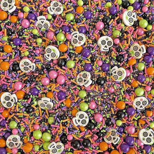 SPRINKLE POP Dia De Los Muertos Sprinkle Mix Black Pink Purple Lime Orange Sprinkles Halloween Sprinkles With Day Of The Dead Sugar Skulls Perfect Sprinkles For Decorating Cakes Cookies Cupcakes Treats, 2oz
