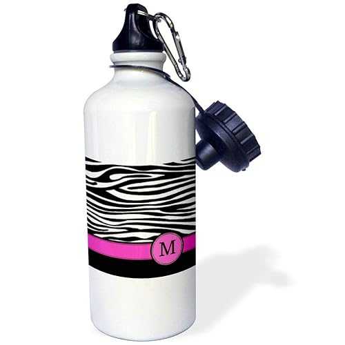 3dRose Letter M Monogrammed Black and White Zebra Stripes Animal Print with Hot Pink Personalized Initial Sports Water Bottle, 21 oz, White