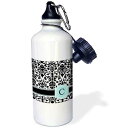 3dRose "Letter C personal monogrammed mint blue black and white damask pattern-classy personalized initial" Sports Water Bottle, 21 oz, White