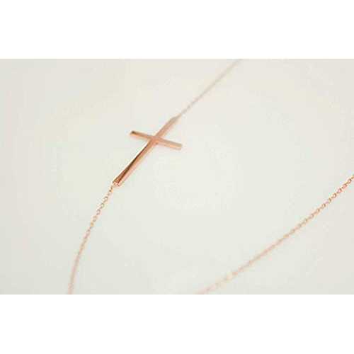 横向きローズゴールドスターリングシルバー水平クロス、プチクロス 43cm - 48.5mm (16.9 ～ 19.09 インチ) 調節可能なチェーン、ハンドメイドスタジオによる宗教ジュエリー Sideways Rose Gold Sterling Silver Horizontal Cross, Petite Cross 43cm -