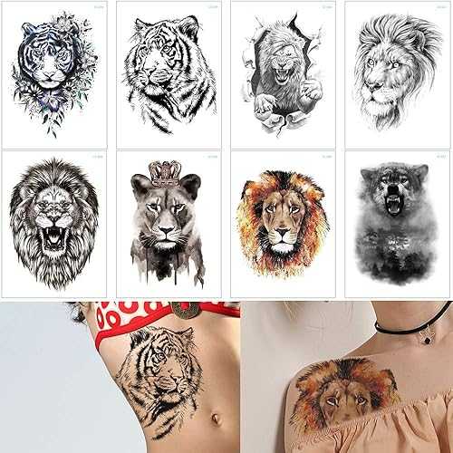 Glaryyears Tiger Lion Temporary Tattoo for Men Women Adults, 8-Pack Forest Animal Design Fake Ta..
