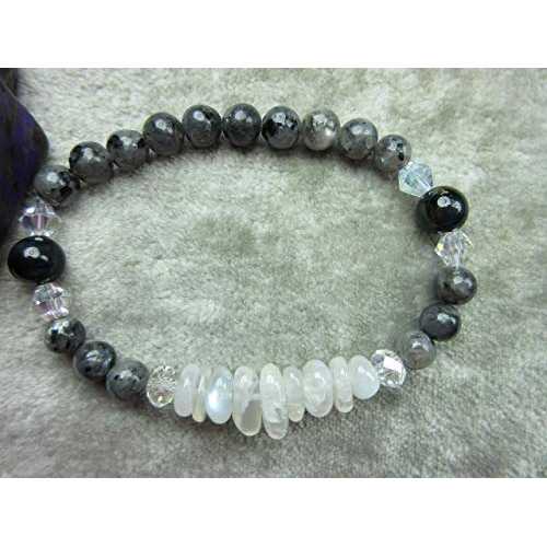 本物のラルビカイト、レインボームーンストーン、ブルータイガーアイヒーリングブレスレット保護明晰夢 Audras Collectibles Genuine Larvikite, Rainbow Moonstone and Blue Tigers Eye Healing Bracelet Protection Lucid Dreaming