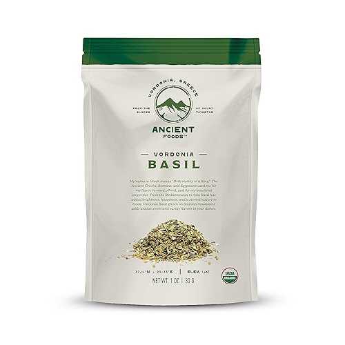 Ancient Foods Organic Basil Organic Greek Basil from Vordonia, Dried Basil Leaves for Cooking an..