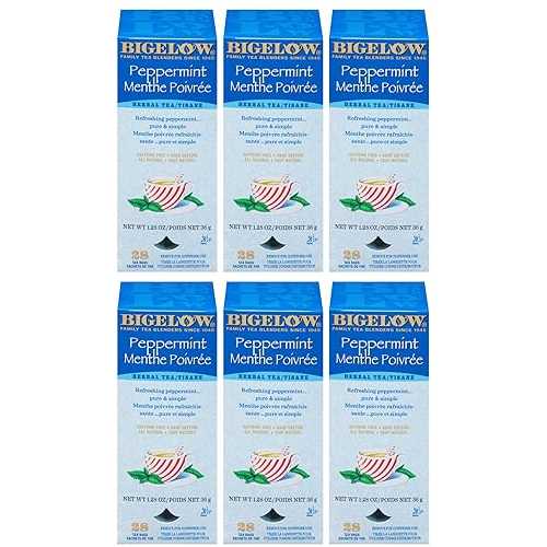 Bigelow ペパーミント ハーブ ティー 28 カウント ボックス (6 個パック) 個別に包装されたホイルパケットに入ったカフェインフリーの袋入りハーブティーには、ペパーミントの葉のみが含まれています。 Bigelow Tea Bigelow Peppermint Herbal Tea 28-Counのサムネイル