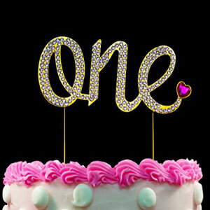 ピンクのハートが輝く1歳の誕生日ゴールドのワンケーキトッパー1歳の誕生日ケーキのデコレーション 1st First Birthday Gold One Cake Topper with Pink Heart Sparkling Baby Girl First Birthday Cake Decorations