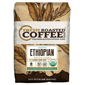 5ポンド、フレッシュローストコーヒーLLC、オーガニックエチオピアシダモコーヒー、USDAオーガニック、フェアトレード、ライトロースト、全豆、5ポンド袋 5 Pound, Fresh Roasted Coffee LLC, Organic Ethiopian Sidamo Coffee, USDA Organic, Fair Trade