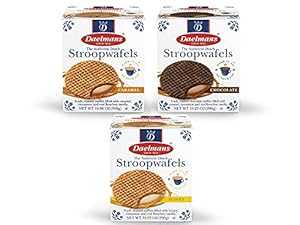 DAELMANS ストロープワッフル、ダッチワッフルソフトトースト、3 パック詰め合わせ、キャラメル、ハチミツ、チョコレート、オフィススナック、ジャンボサイズ、コーシャ乳製品、本物のオランダ製、1 箱あたり 8 ストロープワッフル (3 パック) DAELMANS Stroopwaf